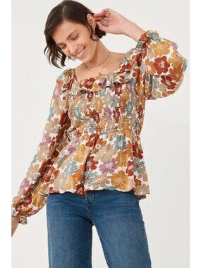 Hayden Los Angeles Romantic Floral Smocked Peplum Top 1XL Ruffle Shoulder